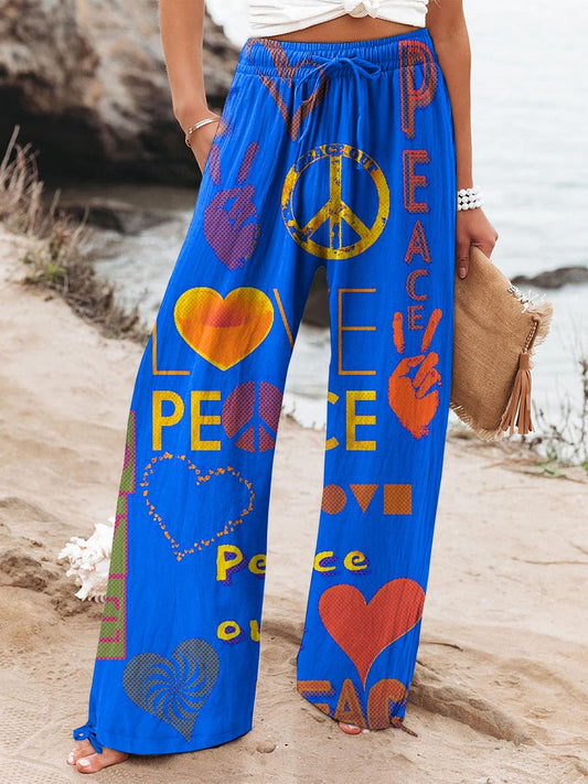 Women's Colorful Peace & Love Printed Cotton And Linen Casual Pants