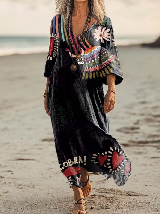 Women's Ethnic Cobra Love Cow Pattern Art Print Pockets Cotton Dress