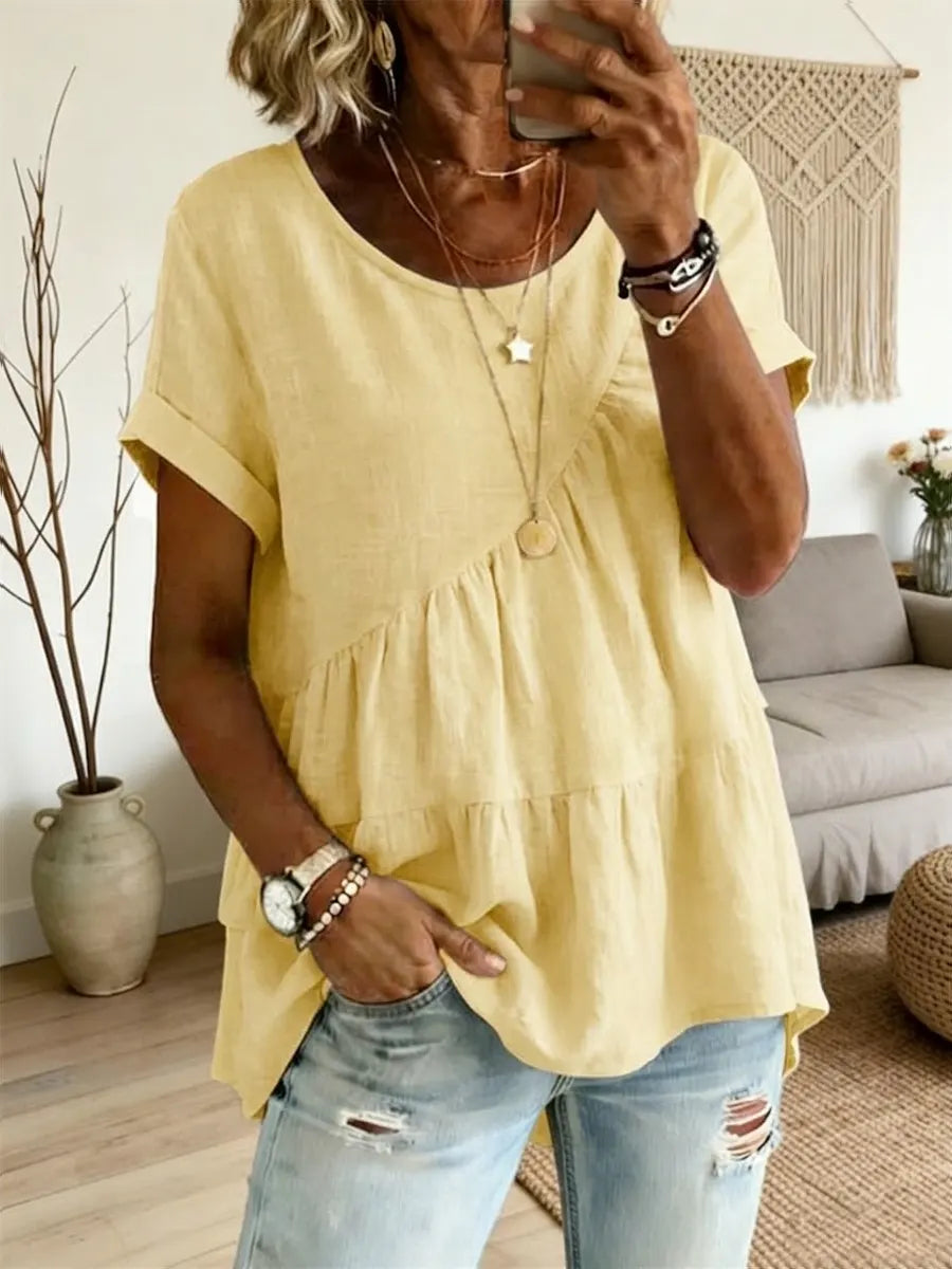 Women's Art Print Round Neck Loose Short-sleeved Shirt – Side Tether