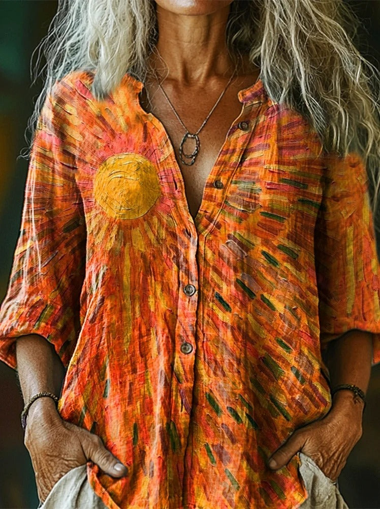 Women's Vintage Ethnic Floral Art Print Linen And Cotton V-neck Casual Shirt