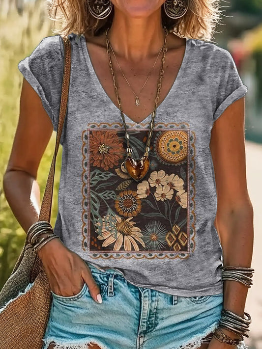 Floral Art Print 100% Cotton V-Neck T-Shirt