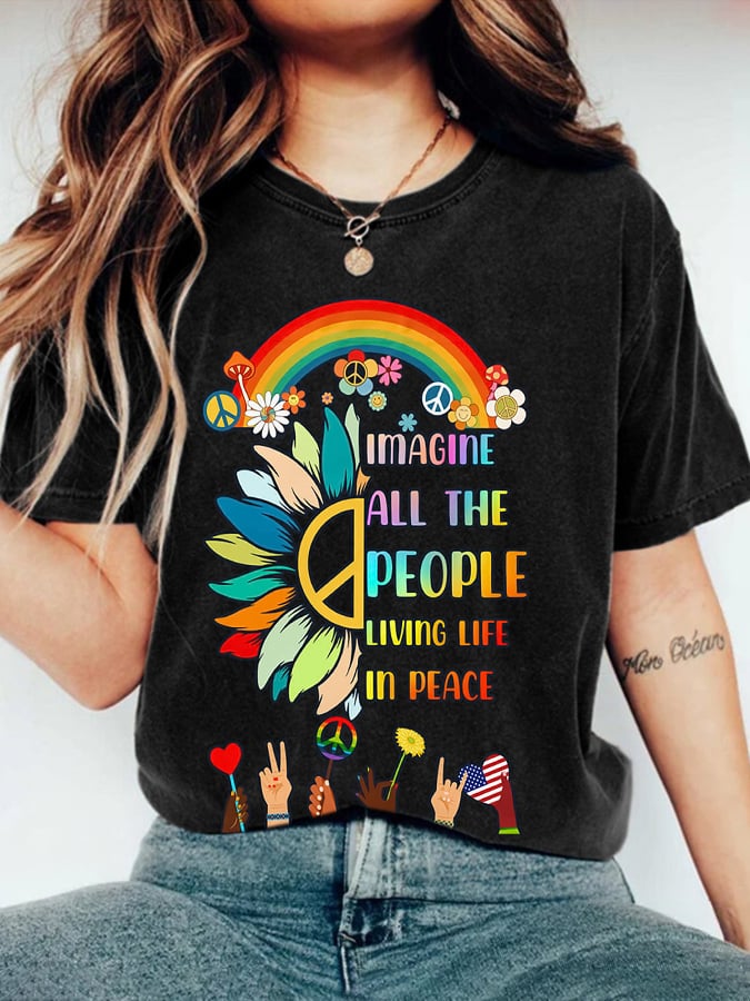 Retro Hippie Imagine All The People Living Life In Peace Print T-Shirt