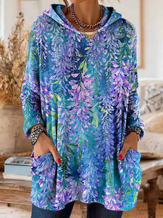 Women's Ethnic Floral Art Print Casual Knitted Pocket Hooded Tunic Top