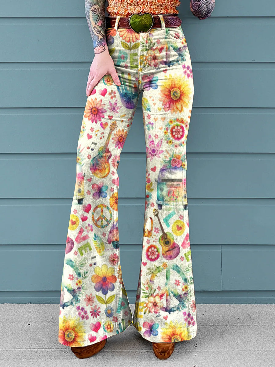 Women's Vintage Peace Love Vibe Graphic Print Casual Wide Leg Pants