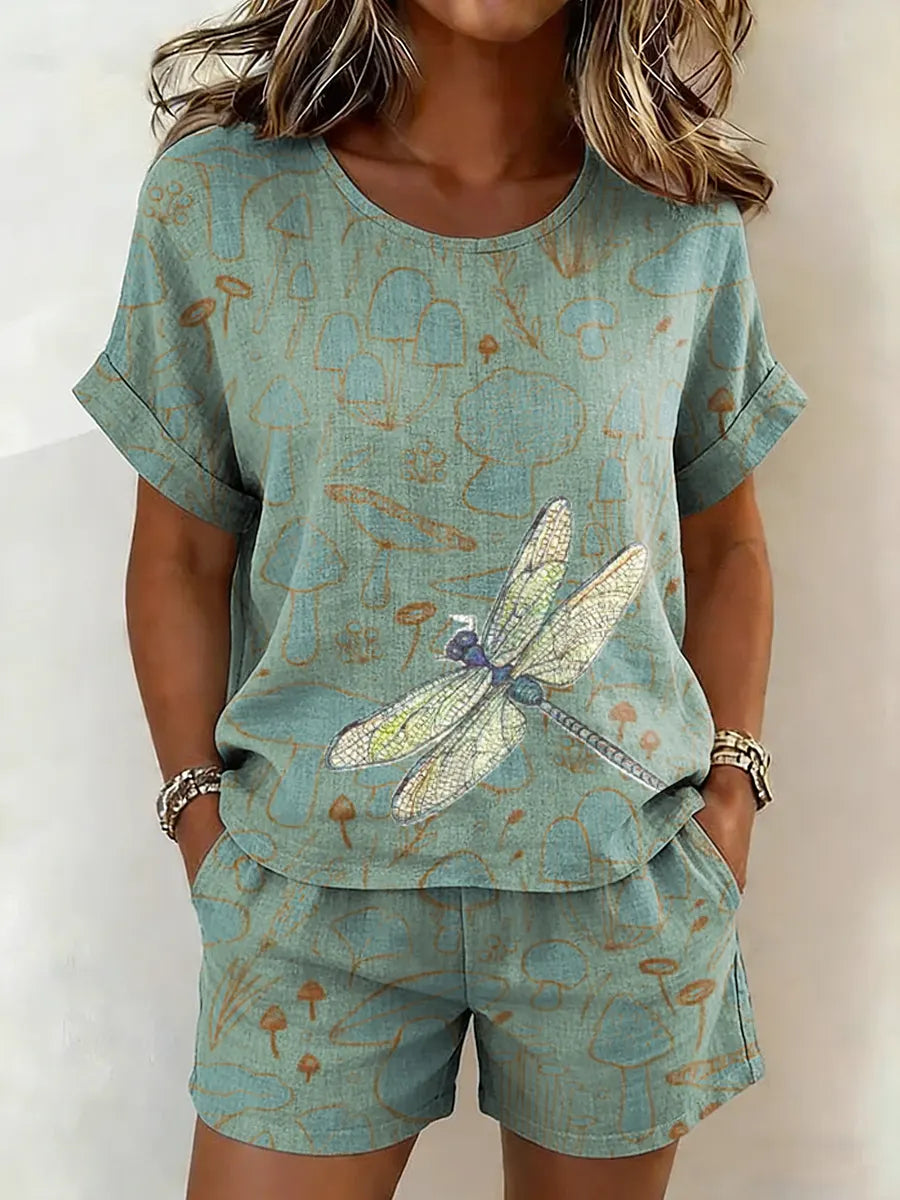 Women's Dragonfly Art Print Shirt & Shorts Two-Piece Set