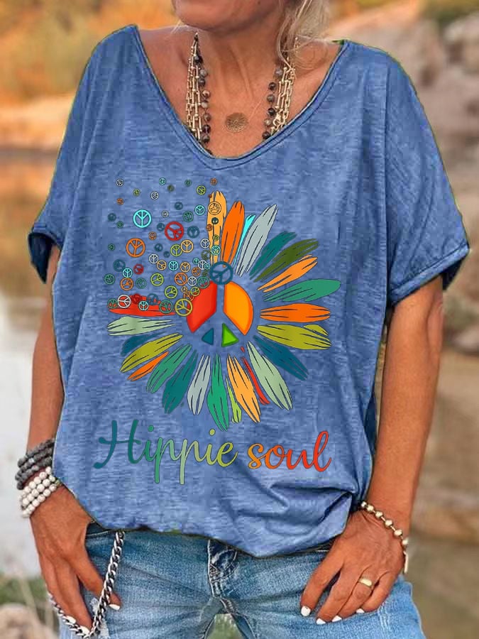 Women'S Sunflower Peace Sign Hippie Soul Print T-Shirt