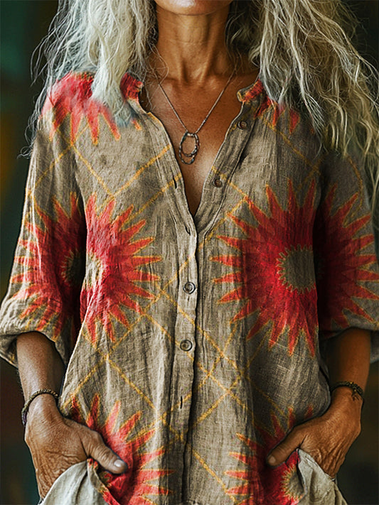 Women's Vintage Bohemian Floral Art Print Casual Cotton Linen Shirt