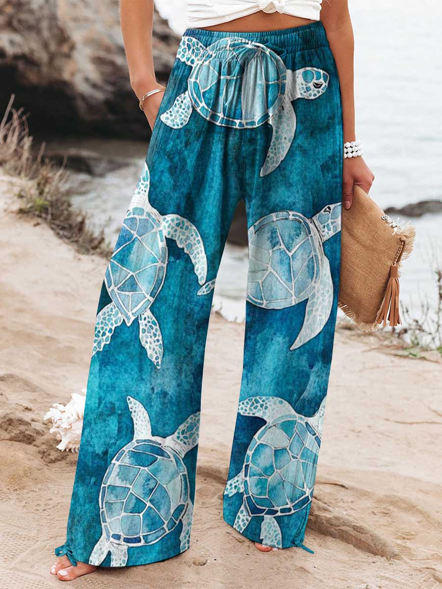 Women's Watercolor Turtle Printed Cotton And Linen Casual Pants