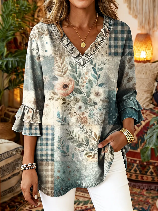 Women's Vintage Floral Art Print Casual Ruffled Washed Shirt