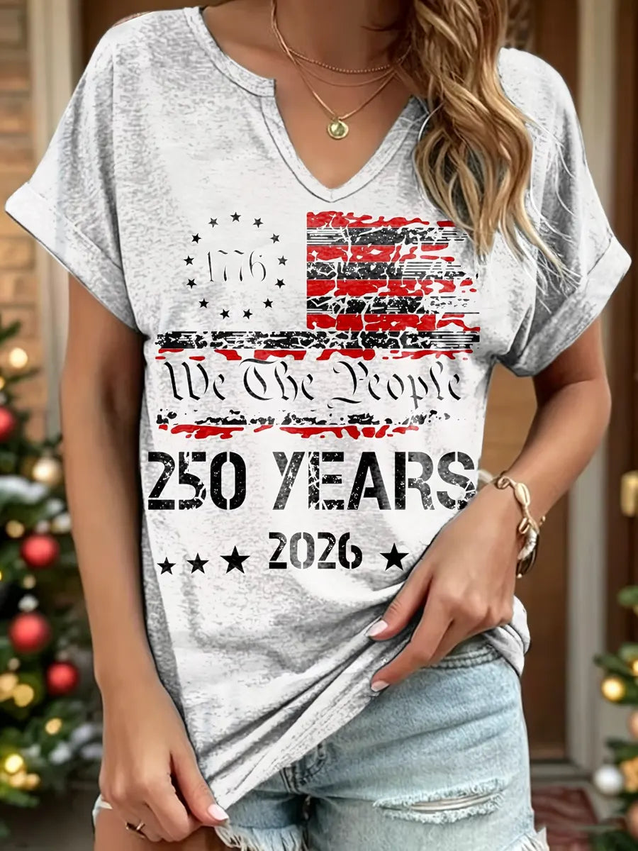 Independence Day Print V-Neck Cotton T-Shirt