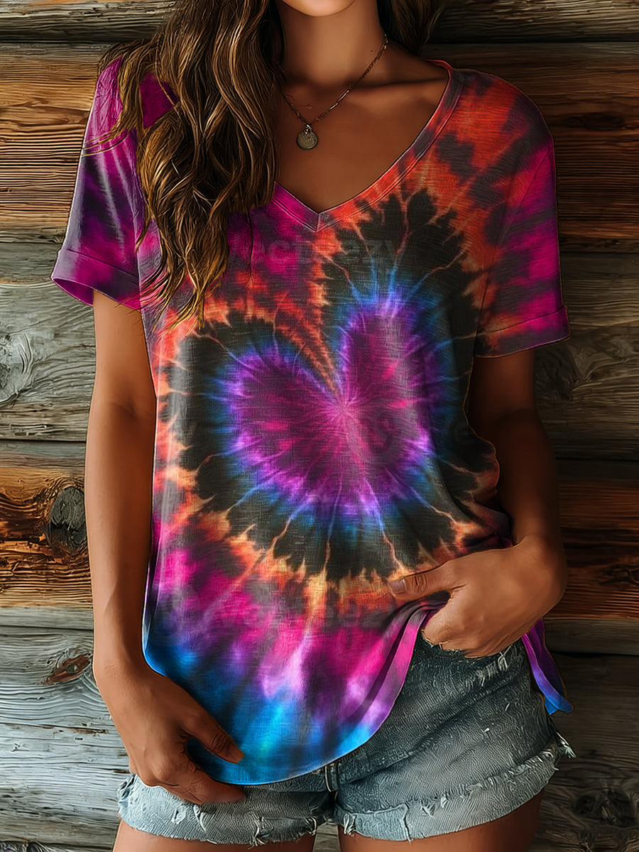 Women's Vintage Love Heart Tie-dye Gradient Art Print Casual V-neck Cotton Short Sleeve T-shirt