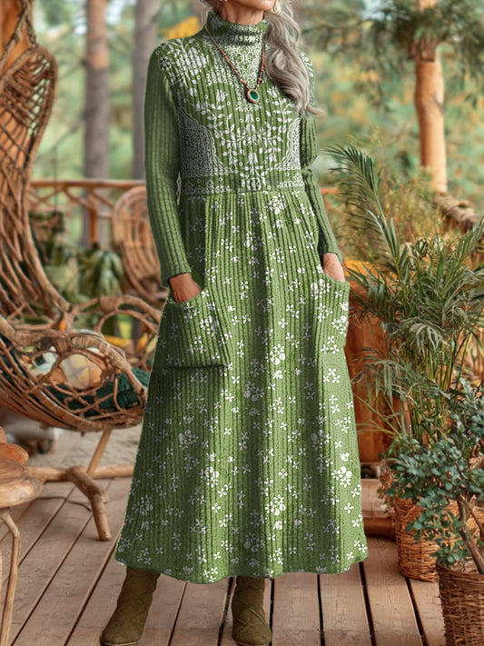 Ladies Vintage Ethnic Green Floral Art Prints Elegant High Neck Pocket Knit Dresses