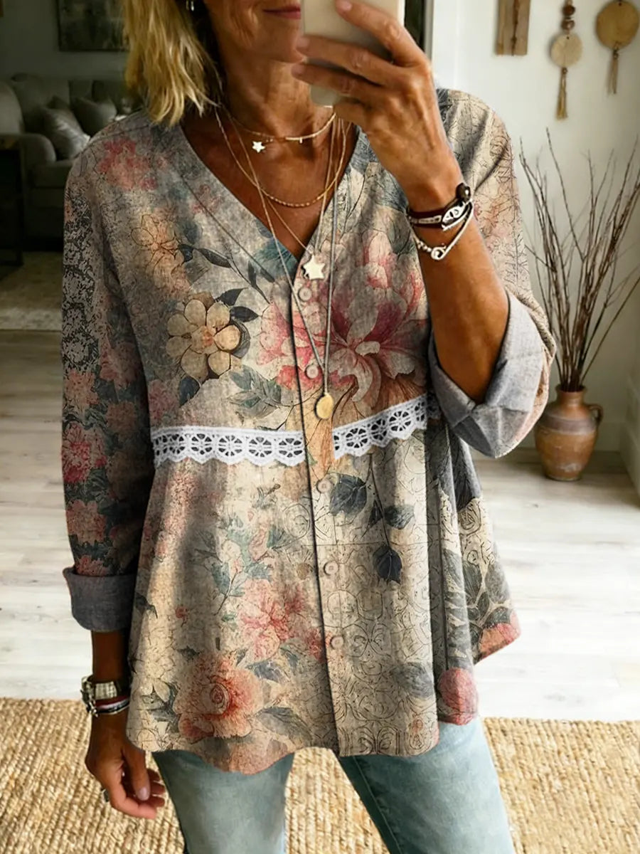 Women's Boho Floral Art Print V-Neck Lace Shirt