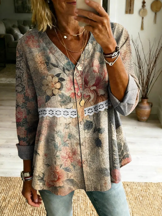 Women's Boho Floral Art Print V-Neck Lace Shirt