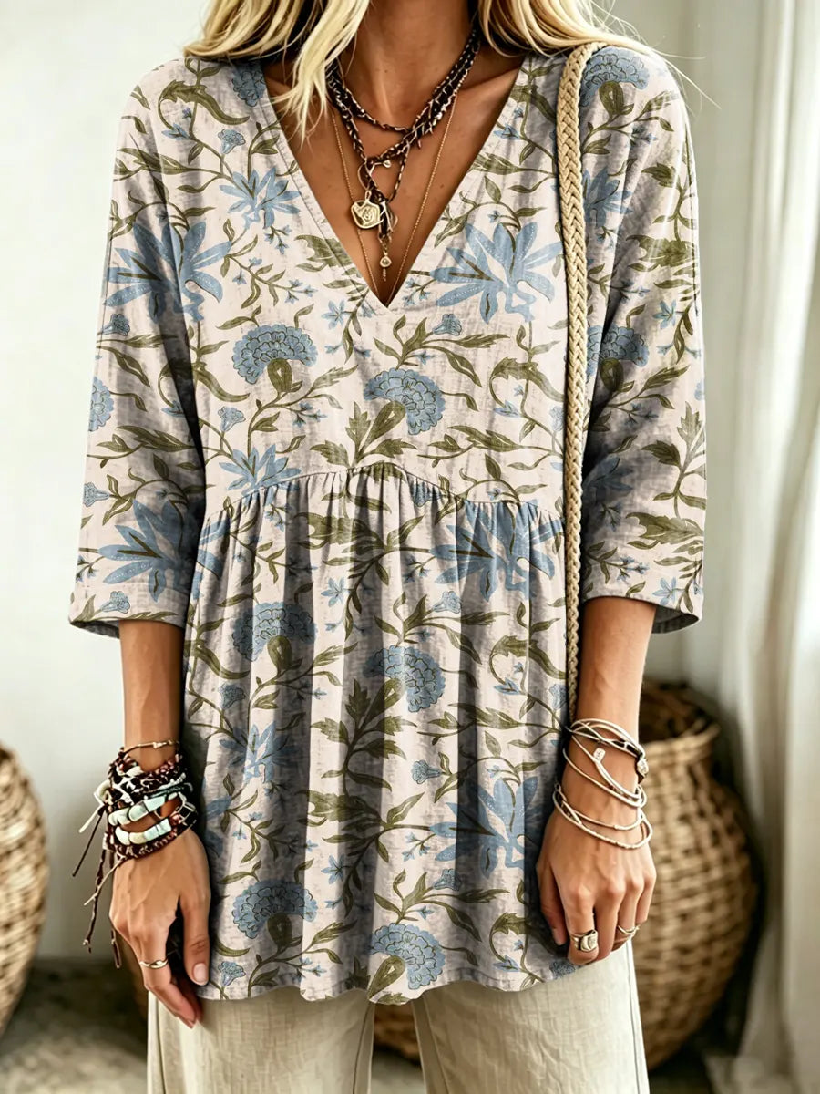 Women's Floral Botanical Print V-Neck Casual Blouse