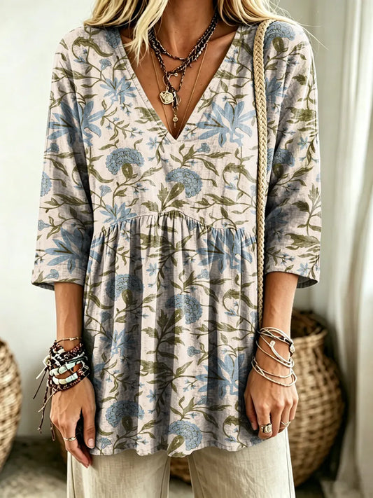 Women's Floral Botanical Print V-Neck Casual Blouse