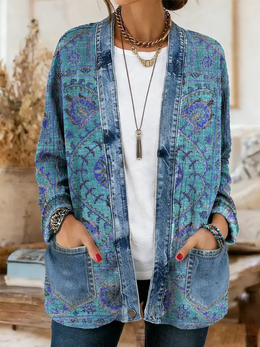 Vintage National Flower Women's Casual Long Sleeve Comfortable Denim Mix Cardigan