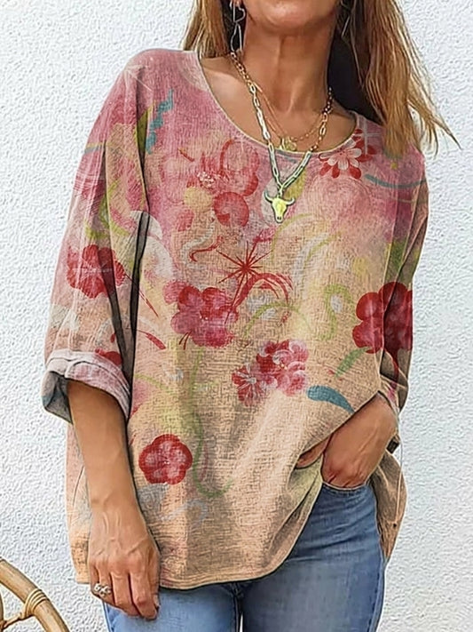 Women's Floral Pattern Art Print Cotton Linen Casual Shirt