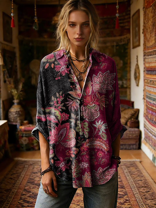 Women's Vintage Floral Pattern Art Print Casual Long-sleeve Shirt