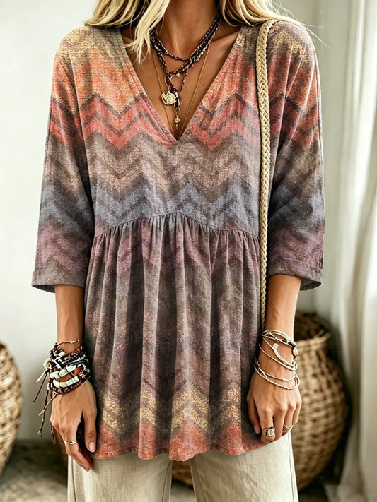 Women's Gradient Chevron Print V-Neck Casual Blouse
