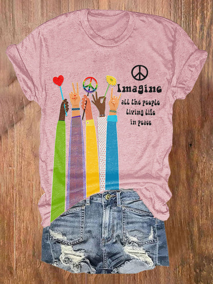 Retro Hippie Imagine All The People Living Life In Peace Print Shirt