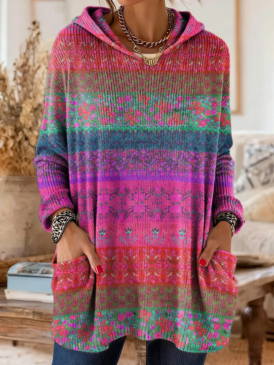 Women's Colorful Ethnic Collage Floral Art Print Casual Knitted Pocket Hooded Tunic Top