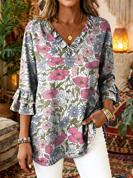 Ethnicity Bohemia Flowers Lines Women's Art Print Casual V-neck Ruffled Washed Top