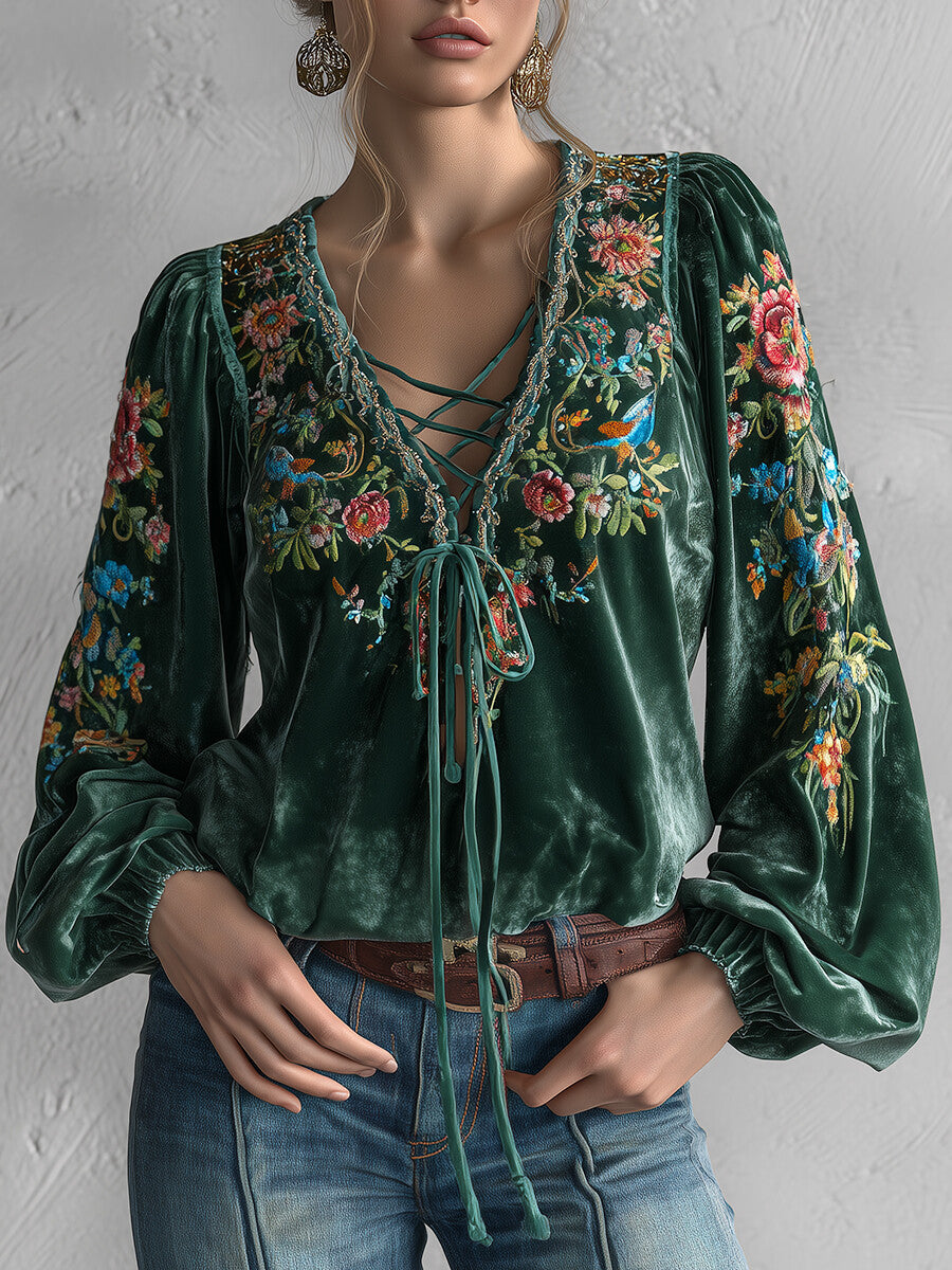 Ursime Dark Green Velvet Floral Print Lace-Up V Neck Lantern Sleeve Blouse