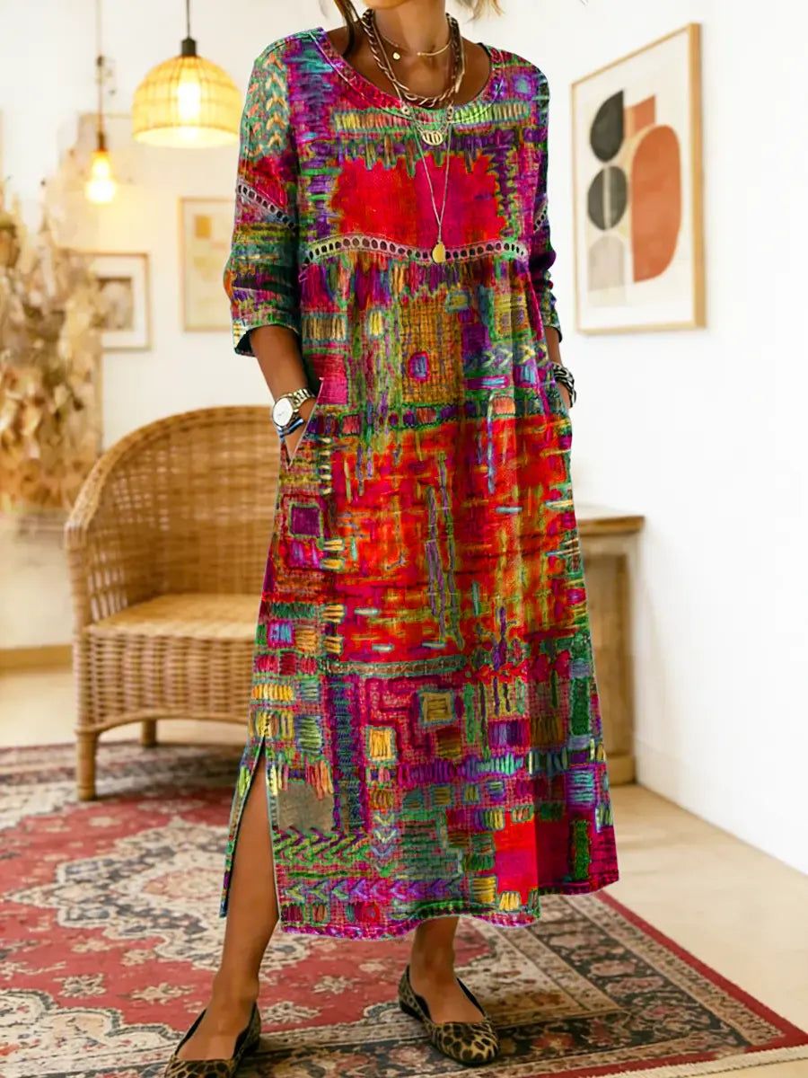 Women's Ethnic Patchwork Printed Cotton Denim Dress with Lace Trim