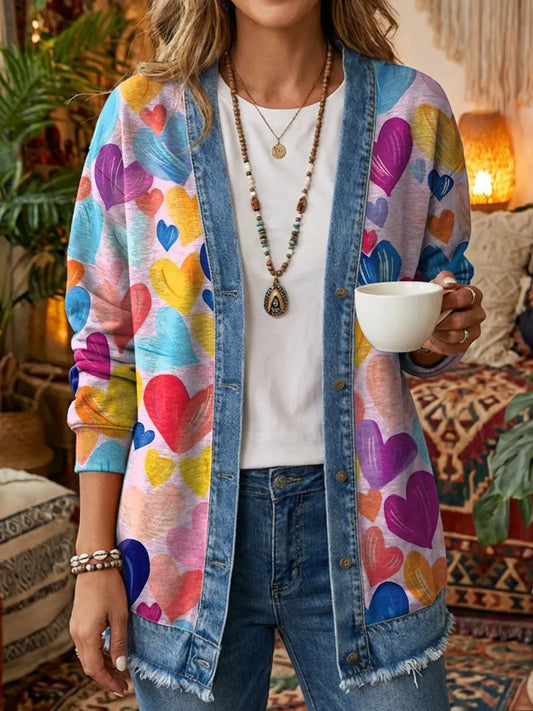 Ethnicity Geometry Colorful Love Women's Art Print Casual Long Sleeve Denim Patchwork Shirt Coat