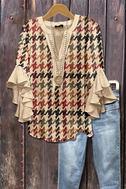Houndstooth Print V-Neck Ruffle Sleeve Top