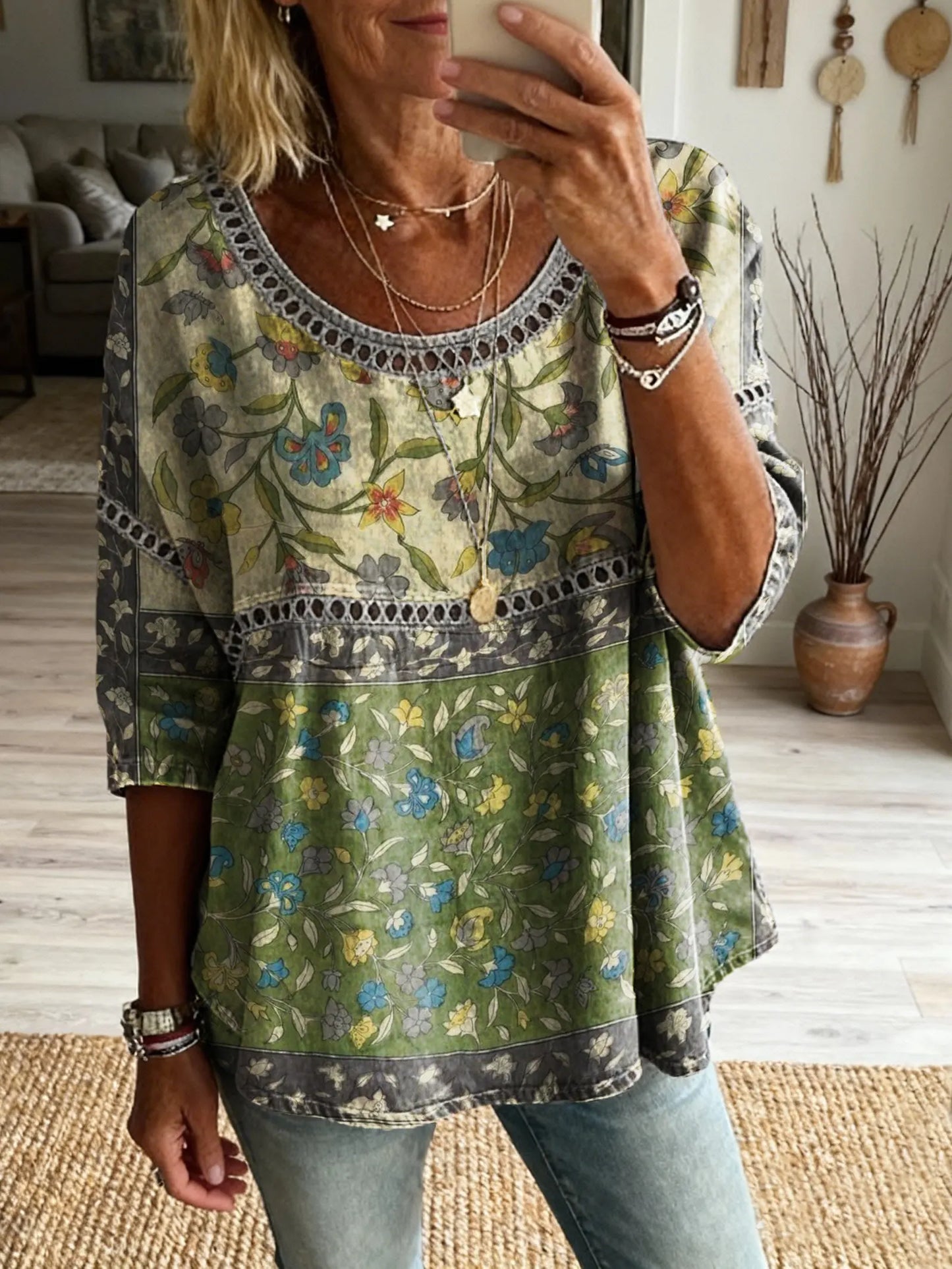 Women's Floral Pattern Art Print Casual Round Neck Lace-up Top