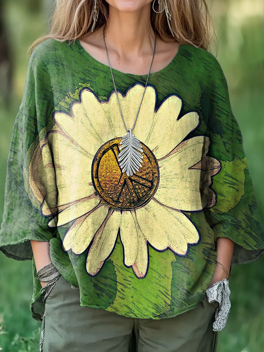 Women's Hippie Peace Daisy Art Print Casual Cotton And Linen Shirt