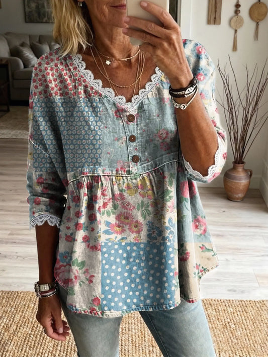 Women's Bohemian Patchwork Floral Art Print Casual V-Neck Lace-Trimmed Top
