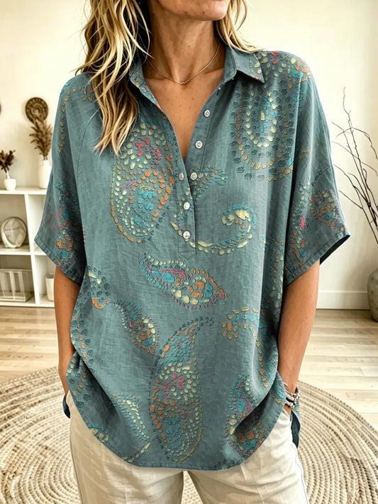 Women's Paisley Print Collared Short Sleeve Henley Blouse