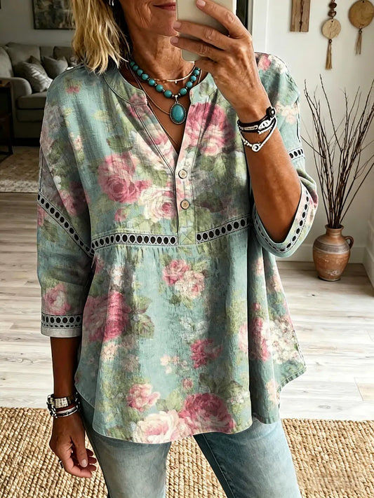 Women's Vintage Oil Painting Floral Artistic Print Patchwork Casual V-Neck Cutout Top