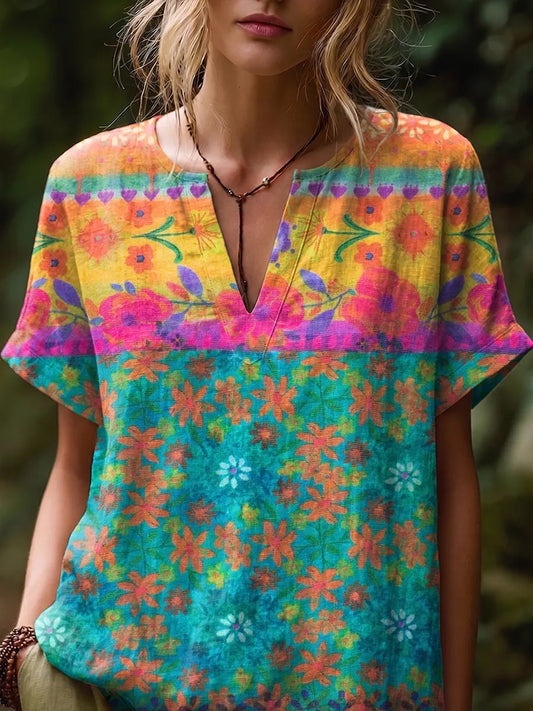 Ethnicity Flowers Patchwork Women's Art Print Casual Short-sleeve V-neck Cotton Linen Shirt