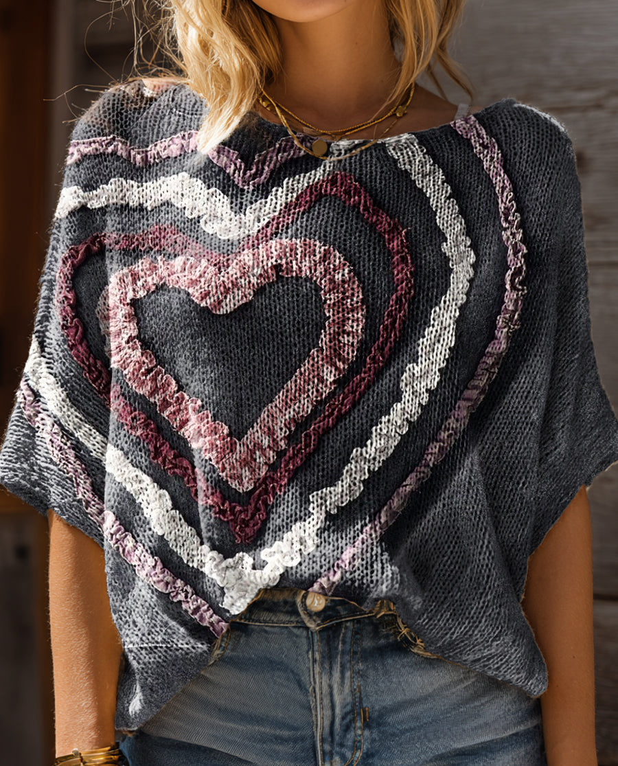 Women's Vintage Love Art Print Casual Short Sleeves Pullover Sweater