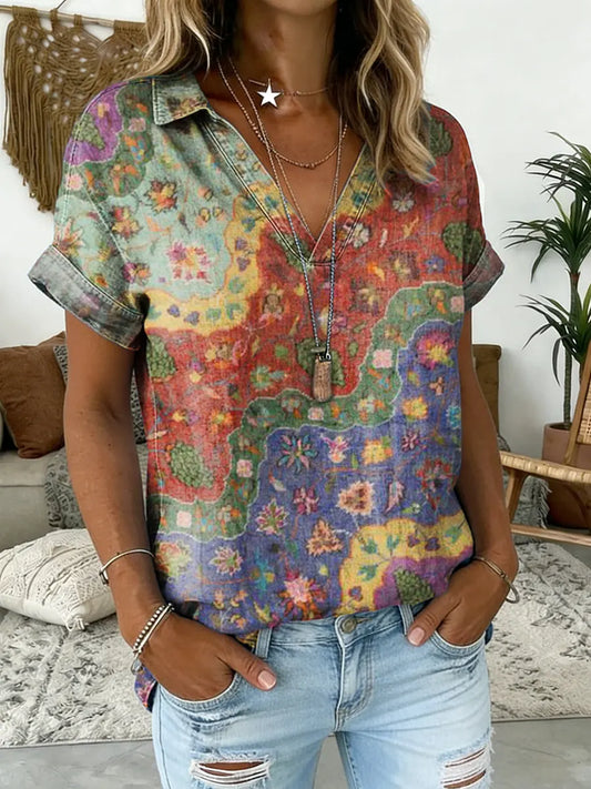 Women's Flower Wave Collage Print V-Neck Short-Sleeve Shirt