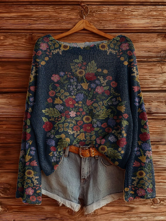 Women's Vintage Floral Tattoo Pattern Art Print Casual Pullover Sweater