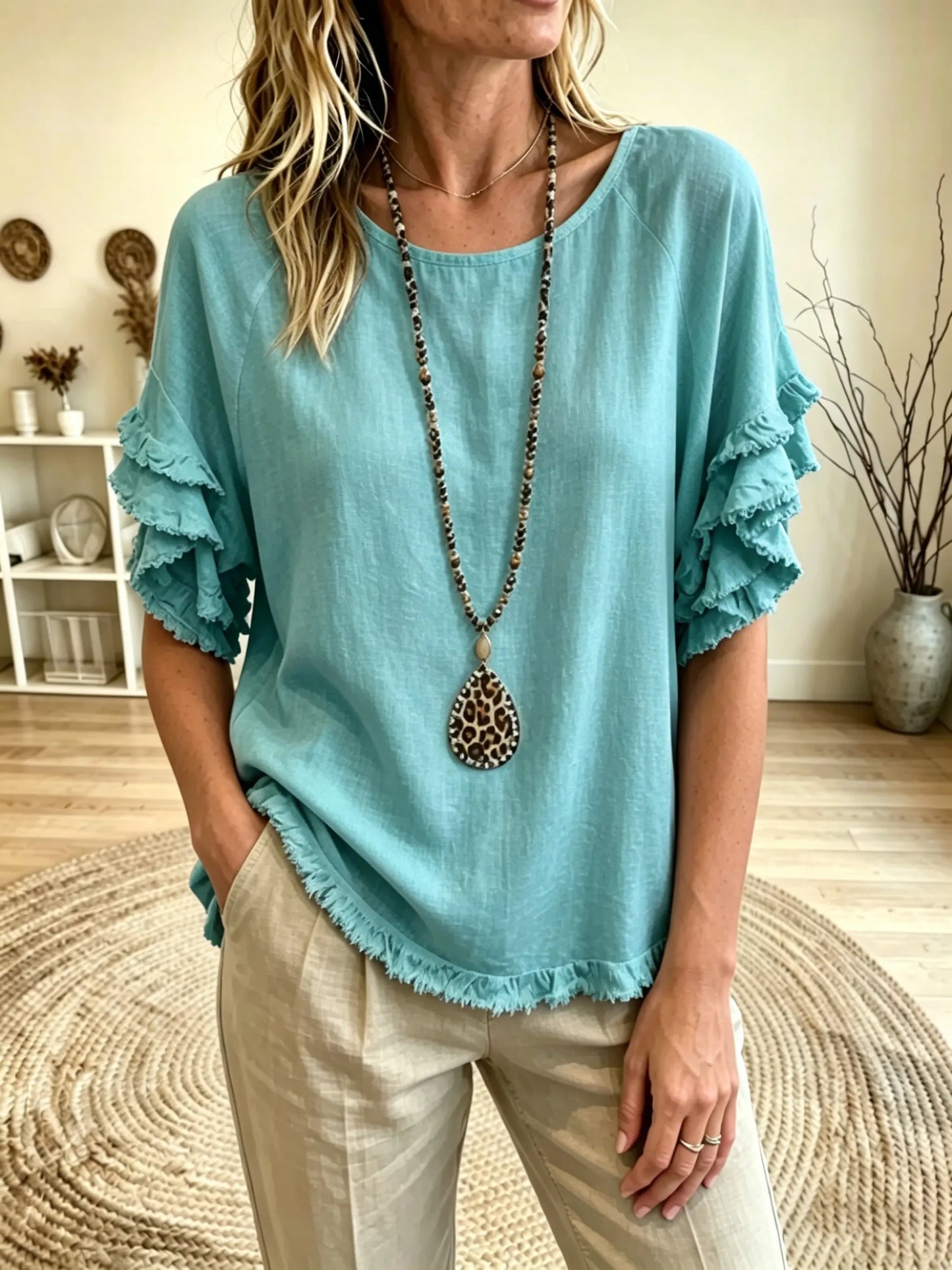 Women's Round Neck Short Sleeve Double Ruffle Cuff Frayed Hem Linen Blouse Top