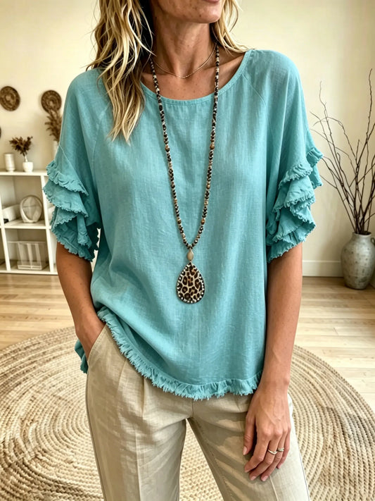 Women's Round Neck Short Sleeve Double Ruffle Cuff Frayed Hem Linen Blouse Top