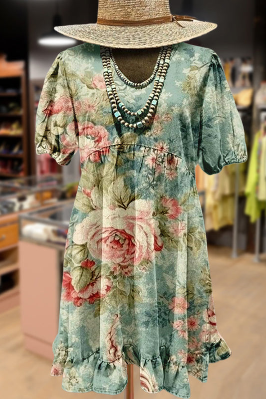 Art Floral Print Puff Sleeve Mini Dress