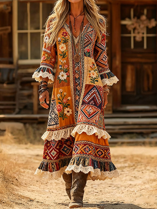 Women's Vintage Ethnic Floral Lace Art Print Casual V-Neck Long-Sleeve Cotton Dress