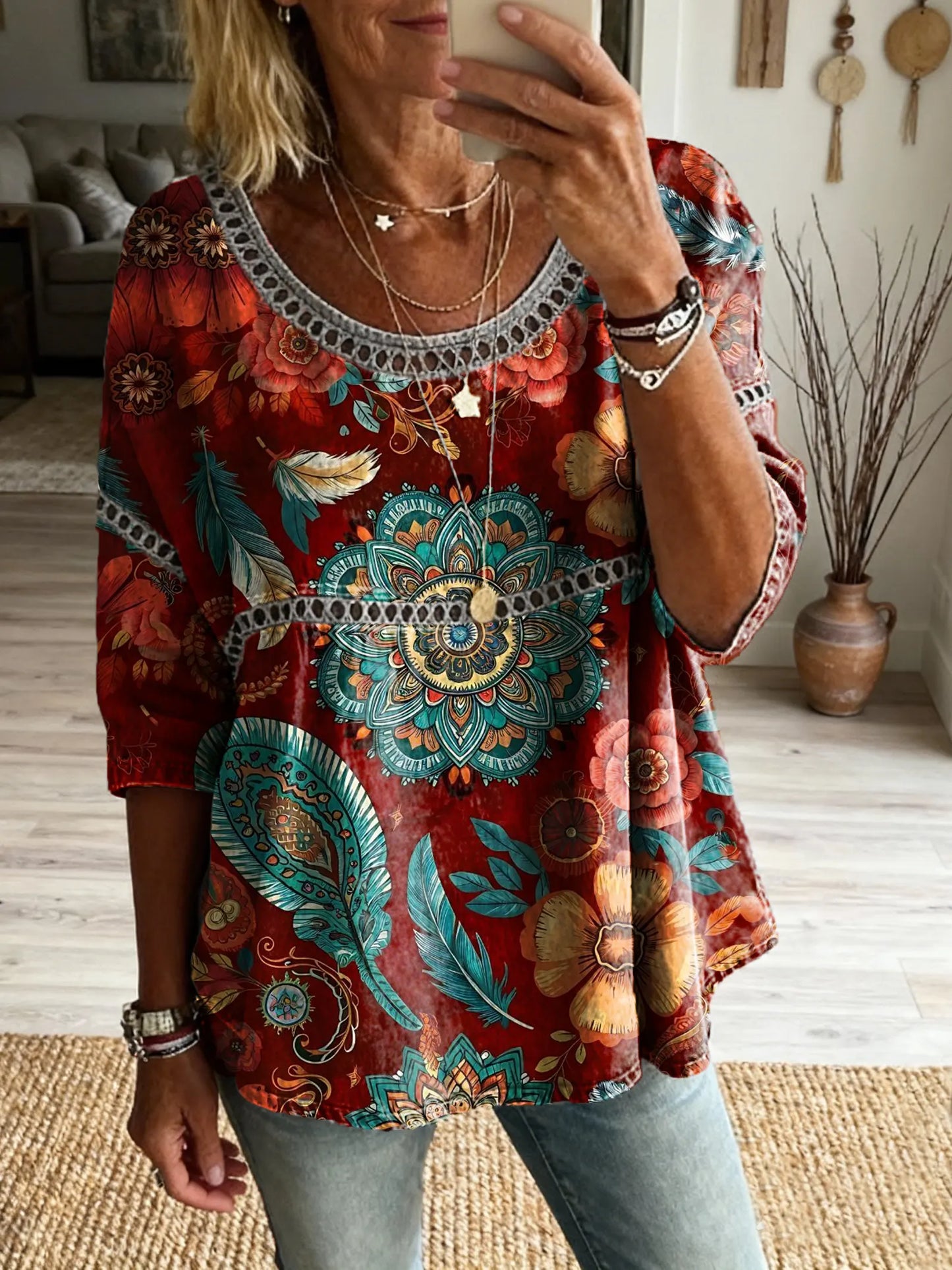 Women's Floral Pattern Art Print Casual Round Neck Lace-up Top