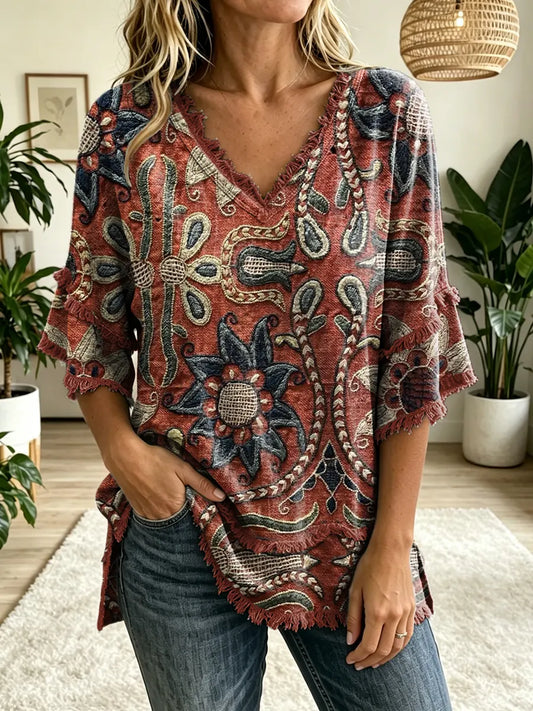 Women's Folk Floral Art Print V-neck Tasseled Cotton Top