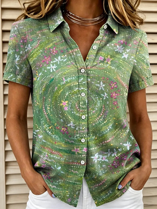 Women's Abstract Floral Swirl Print Collared Short Sleeve Button-Down Blouse
