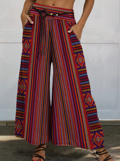 Multicolor Ethnic Pattern Printed Women's Cotton And Linen Casual Wide-Leg Pants