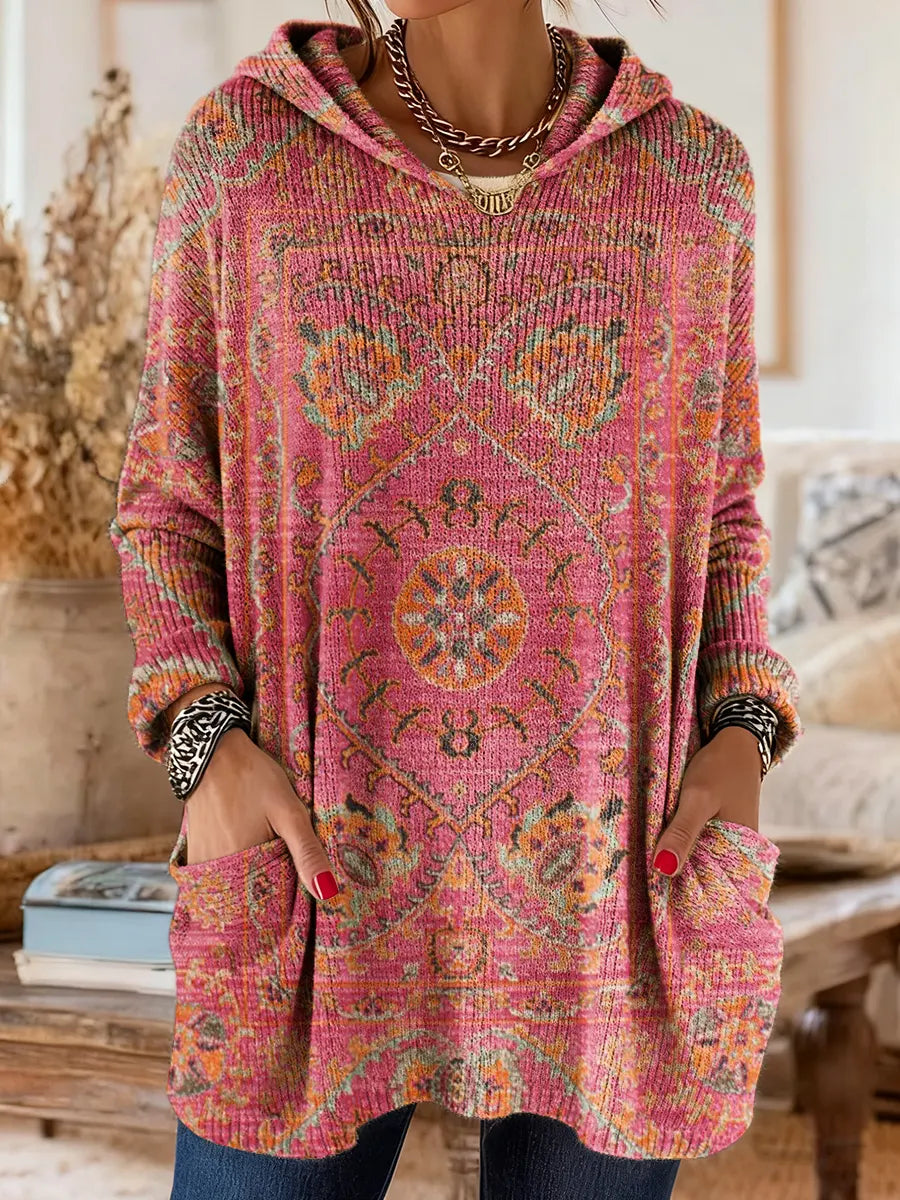 Women's Ethnic Totem Art Print Casual Knitted Pocket Hooded Tunic Top