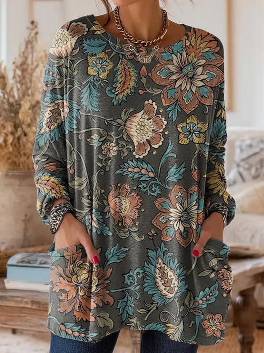 Women's Vintage Floral Art Print Casual Long-Sleeve T-Shirt